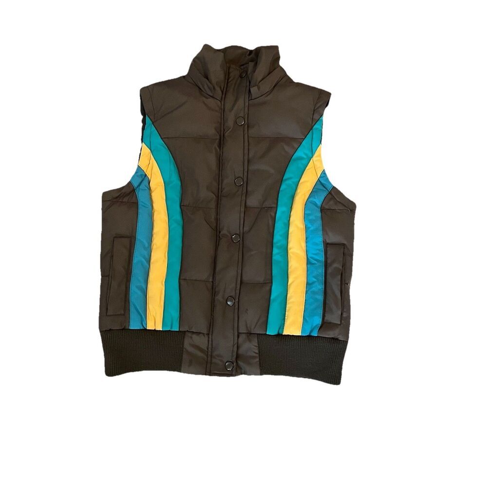 dELiA*s Vintage Puffer Vest Brown Teal Yellow Stripe Down Blend Retro Y2K Medium